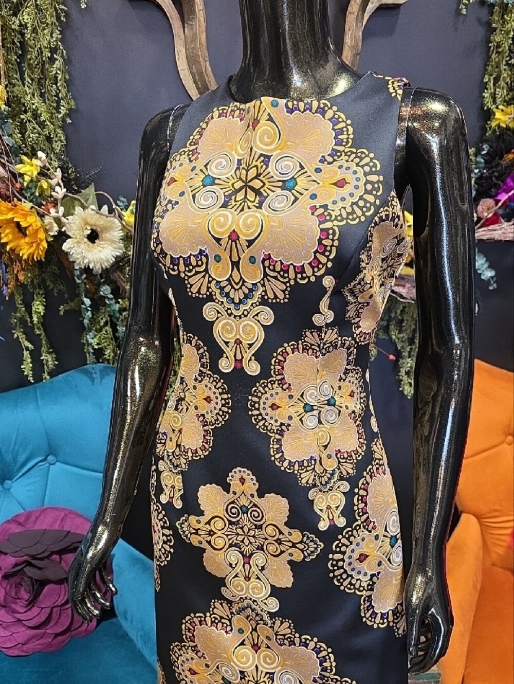 New York & Company Black Midi Dress with Gold Medallion Print - Picture 2 of 11